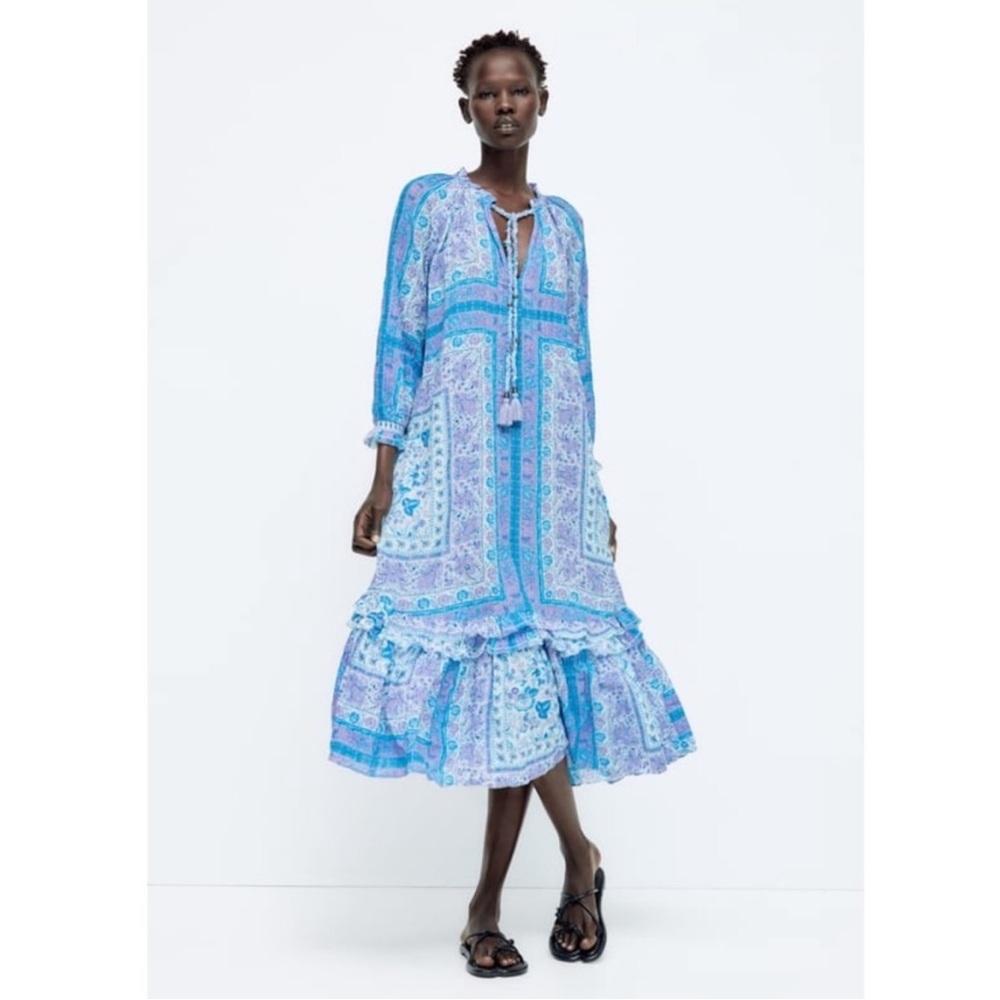 ZARA Blue and Purple Scarf Print Ruffle Trim Flowy Boho Midi Dress Size Medium
